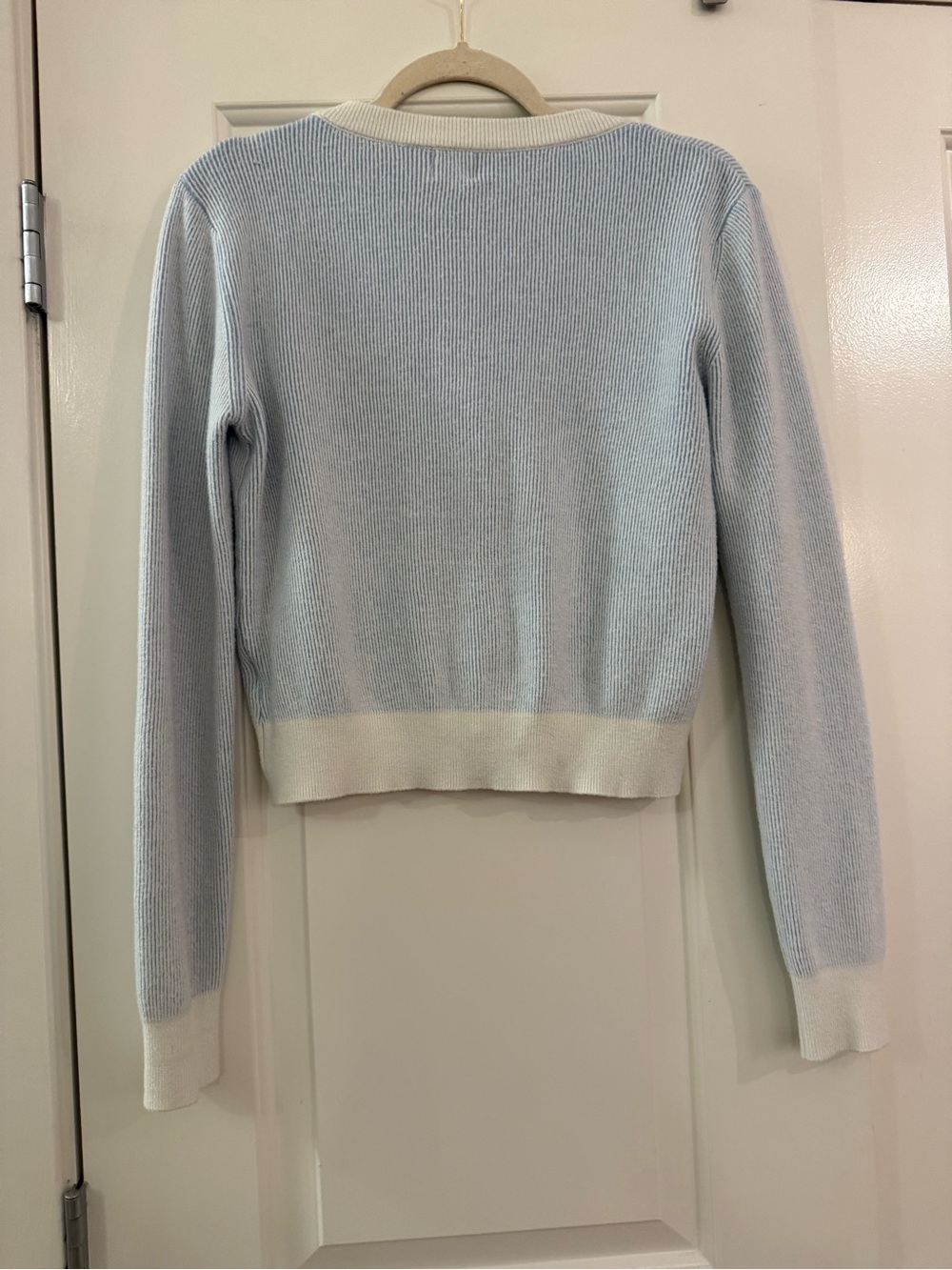 Dreamers by Debut Light Blue Ribbed Cropped Cardigan with White Trim - Picture 5 of 5